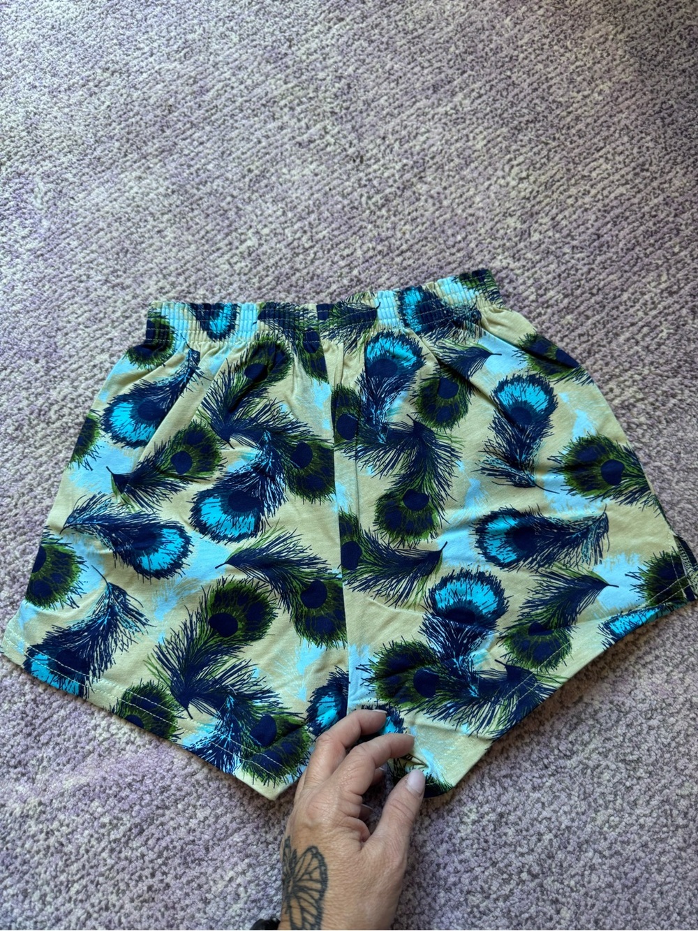 NEW Soffe Peacock Feather Shorts Blue Green Retro Y2K Boho Size S, M & L